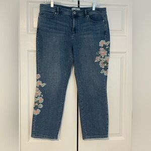 J. Jill Blue Cropped Jeans w/ Floral Embroidery.